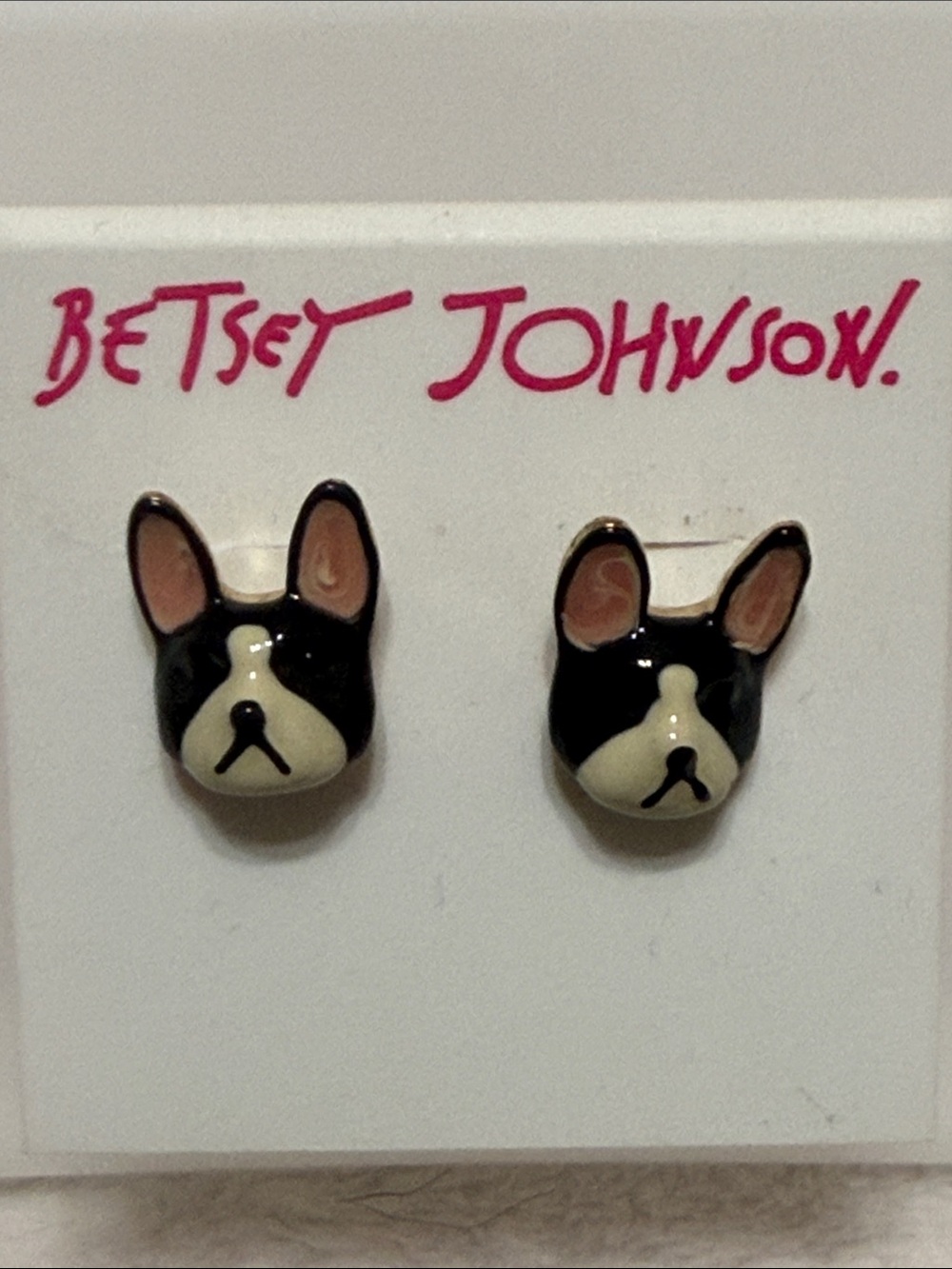 Betsey Johnson Black Cream & Pink French Bulldog Stud Earrings